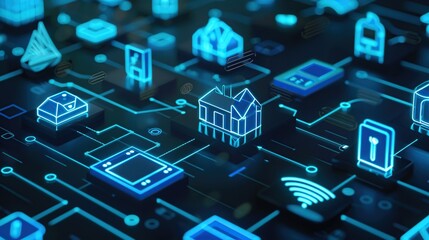 Poster - an imaginative display of a smart home ecosystem with connected device icons and data flow lines, sy