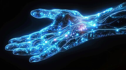 Poster - An illustration of a human hand overlaid with a digital network, creating a blueprint for cybernetic enhancement, perfect for concepts of biotech, augmented reality