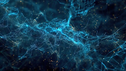 Poster - An abstract representation of a neural network with interconnected nodes and blue digital connections, ideal for concepts of deep learning, artificial intelligence, and complex algorithms,