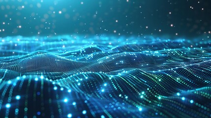 Poster - This image portrays a network of illuminated data points creating a wavelike pattern, suggestive of brain activity in digital form or a cybernetic network, ideal for themes of artificial intelligence