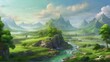 landscape of rivers and mountains in a fantasy world.