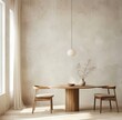Minimalist dining room with a round wooden table, two chairs and an elegant pendant light hanging from the ceiling