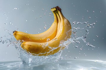 Wall Mural - Bunch of bananas falling into water with splashes and bokeh background