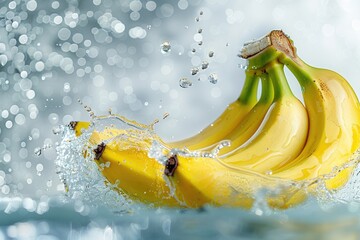 Wall Mural - Bunch of bananas falling into water with splashes and bokeh background