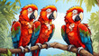 Three macaws on a branch in the jungle. Flock of parrots