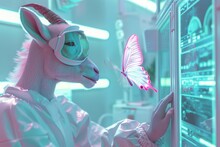 Within A Futuristic Biodome, A Goat Scientist In A Sleek Visor Studies A Luminescent Pink Butterfly Specimen On A Holographic Display, Her Eyes Reflecting The Azure Glow Of The Alien Flora.