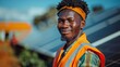 A man in an orange vest holds a solar panel in his hands and looks NOT at the camera and smiles