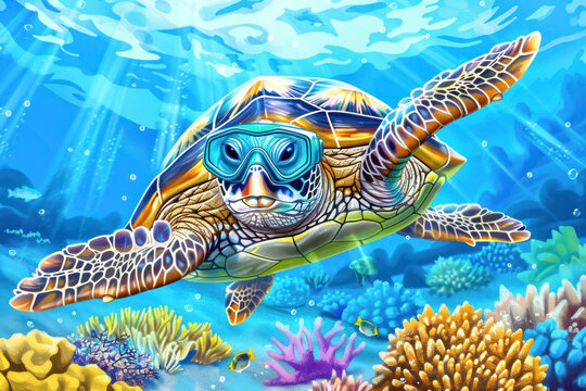 Turtle in a snorkel mask and flippers, colourful cartoon illustration.