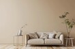 Simple modern home decor, beige wall background with sofa and side table