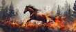 A horse galloping amidst a raging forest fire, surrounded by billowing smoke and flames.
