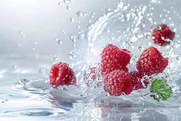 Poster - Ripe raspberries in water splashes on a light background