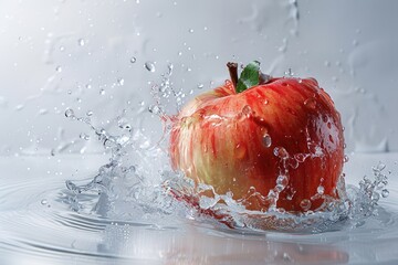 Poster - Red apple falling into water with splash, isolated on white background.