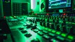 Modern Music Record Studio Control Desk. Studio for recording music and sound in green colors.
