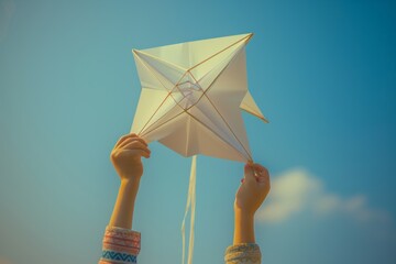 Child's hands holding a handmade paper kite, clear blue sky, background wallpaper, copy space