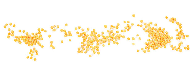 Dried yellow seeds of mustard isolated on a white background, view from above. Mustard grains.