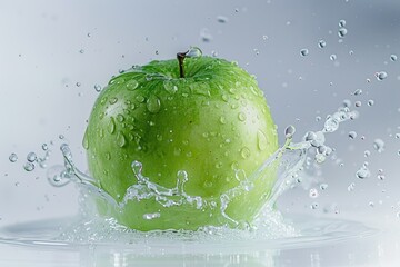 Wall Mural - Green apple falling into water with splash and drops of water on white background