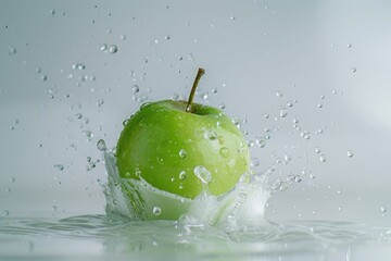 Wall Mural - Green apple falling into water with splash and drops of water on white background