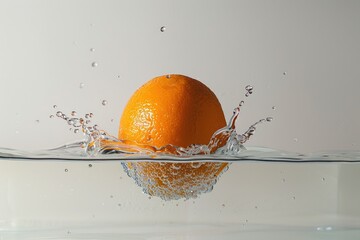 Sticker - Orange dropped into water with splash on white background, studio shot.