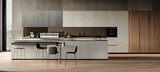 Fototapeta Sport - Minimalist modern kitchen with white cabinets, light wood floor and grey walls. In the center of the picture is an island counter top with chairs on each side.
