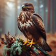 eagle on a branch in forest. red tailed hawk buteo. Common buzzard. bird of pray. Long-legged buzzard. buzzard. Buzzard bird. Buteoninae. Hawk. Hawk bird. Falcon. Mountain buzzard. Accipitrinae. Eagle