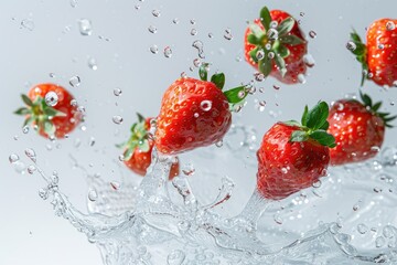 Wall Mural - Strawberries in water splash on a white background. Fresh fruits.