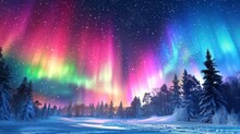 Vibrant Aurora Borealis Display Over A Snowy Winter Landscape With Pine Trees And A Starry Night Sky.