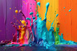 A colorful splash of paint on a wall, with a rainbow of colors and a splash of blue. colorful background with paint splashes