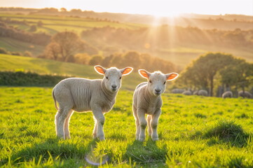 Wall Mural - Two lambs in the pasture at sunrise. Pastoral concept 