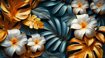 Wall Mural - Background illustration of tropical leaves, white and gold. Generative AI