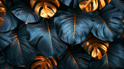 Wall Mural - Background illustration of tropical leaves, black and gold. Generative AI
