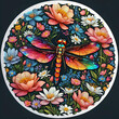 Close-Up Dragonfly and Floral Sticker on Dark Background Gen AI