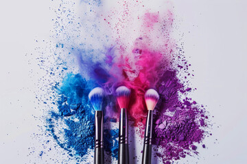 Poster - makeup brushes are on a table with a colorful powder. The brushes are purple, blue, and pink. Cosmetics brushes and colorful makeup powder explosions on white background. Beauty and makeup concept.