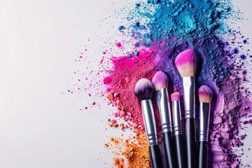 Poster - makeup brushes are on a table with a colorful powder. The brushes are purple, blue, and pink. Cosmetics brushes and colorful makeup powder explosions on white background. Beauty and makeup concept.
