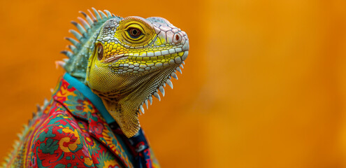 Wall Mural - A lizard is wearing a suit and tie. Lizard in a colorful suit and tie. Vibrant colors. Dressed and standing like a businessman