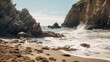 Secluded beach background with rugged cliffs and crashing waves