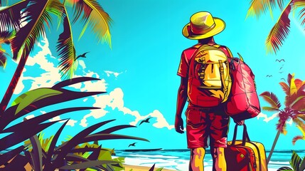 Illustration of a traveler. Cartoon style with cheerful color template.