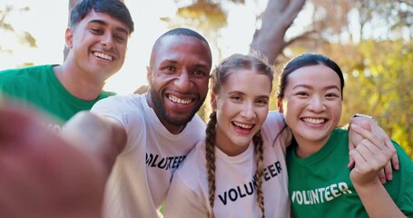 Wall Mural - Friends, selfie and smile for volunteer work in outdoor in excitement for teamwork and collaboration for charity. Diverse group, students happy together for skill development on university break