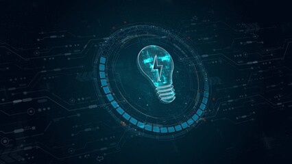 Poster - Motion graphic of Blue digital lamp logo and circle futuristic HUD elements with flowing arrows with lightbulb and ideas concept on abstract background