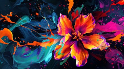 Wall Mural - A detailed painting of a flower set against a black background, showcasing intricate petals and vibrant colors.