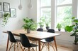 White walls, a wooden dining table with black chairs and plants in a modern minimalist home interior design