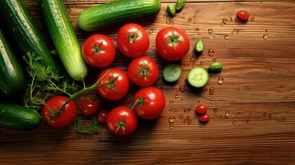 Wall Mural - Ripe red tomatoes and green cucumbers on a wooden board. Colorful, nutritious, and farm-fresh.
