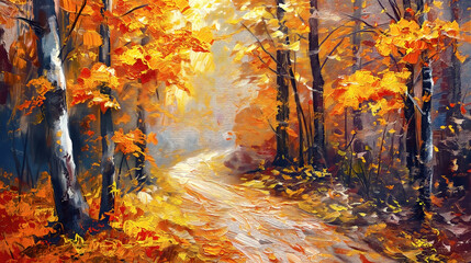 Wall Mural - Oil painting an autumn colorful landscape, beautiful orange red trees in the forest