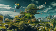 An imaginative science fiction landscape showing self-sustaining eco-friendly cities with a backdrop of planets and stars