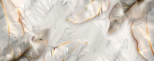 Wall Mural - Abstract background with marble texture and golden banana leaves line art pattern. AI generated illustration