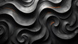 minimalistic abstract tapestry with a repeating motif of charcoal swirls and curls on a matte black backdrop.