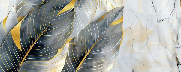 Wall Mural - Abstract background with marble texture and golden banana leaves line art pattern. AI generated illustration