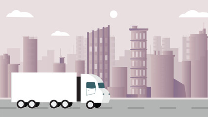 Wall Mural - White American truck moving over the bridge early morning near the city vector illustration