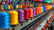 Textile industry spools, colorful thread and fabric