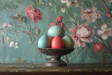 Colorful Easter Eggs in Vintage Bowl on Floral Background