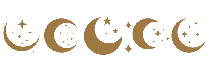 Wall Mural - A set of gold moon and sparkling starlight illustrations of various shapes. The moon has the shape of a crescent, half, or full moon. Vector Illustration. EPS 10